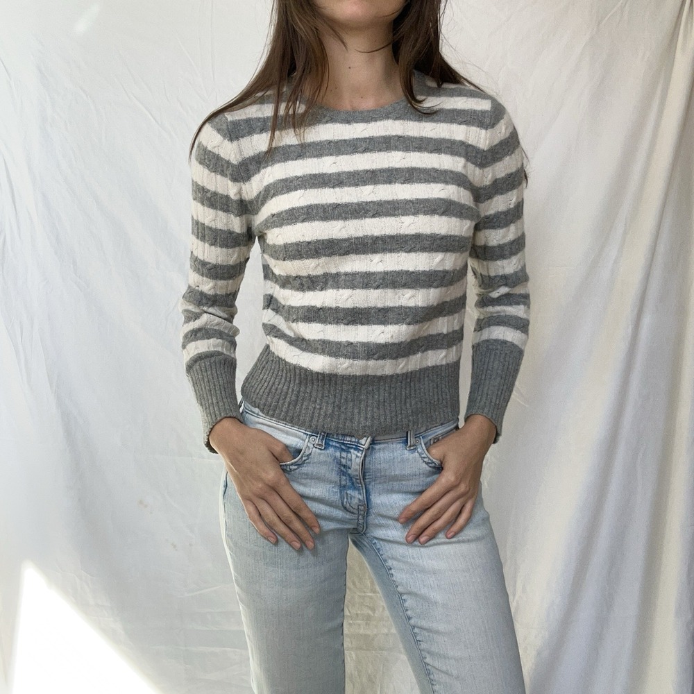 Wool Cashmere Cable Knit Striped Sweater 90s Quiet Luxury Preppy